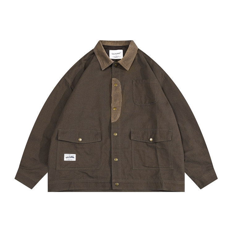 Varsity Jacket Vintage Autumn Coat Campus Three-Dimensional Pocket Retro Loose-Fitting Workwear Jacket Men