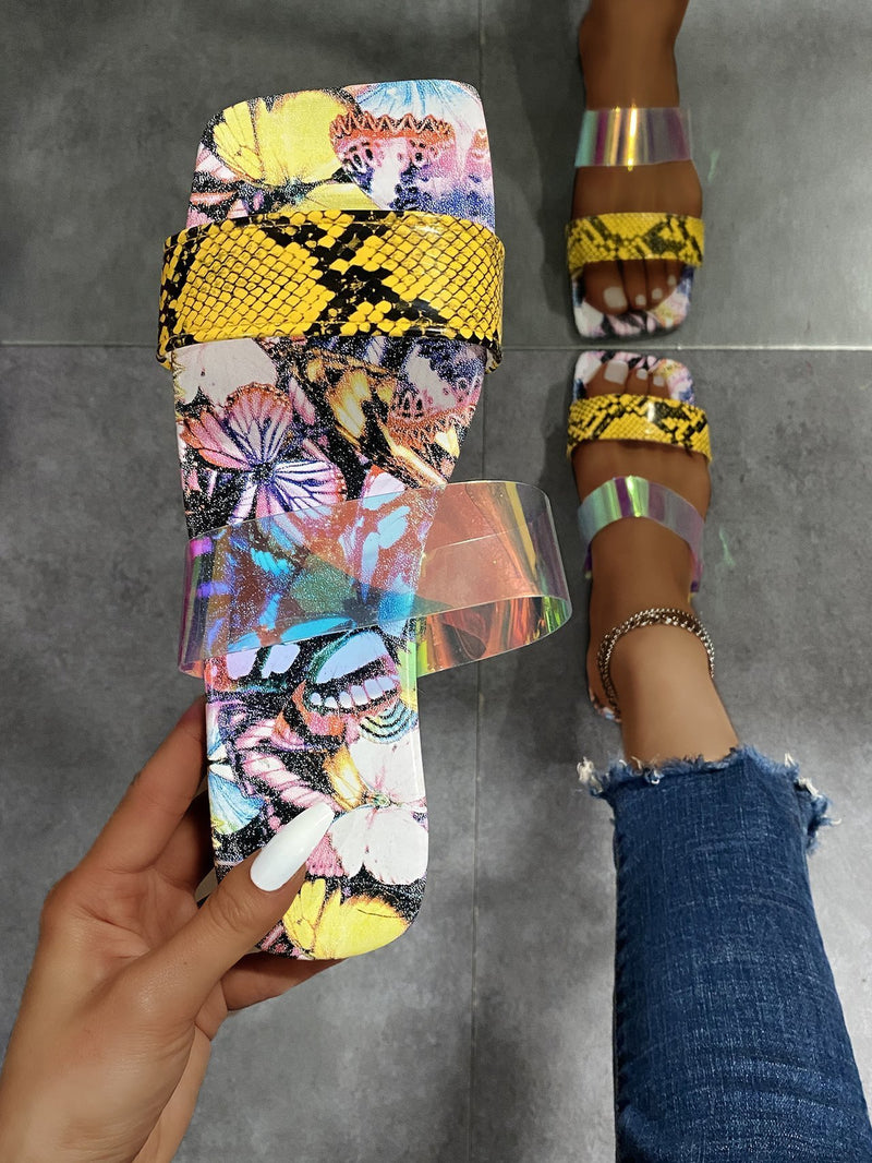 Women Open Toe Sandals Flats Summer Large Size Flat Bottom Snake Pattern Sandals