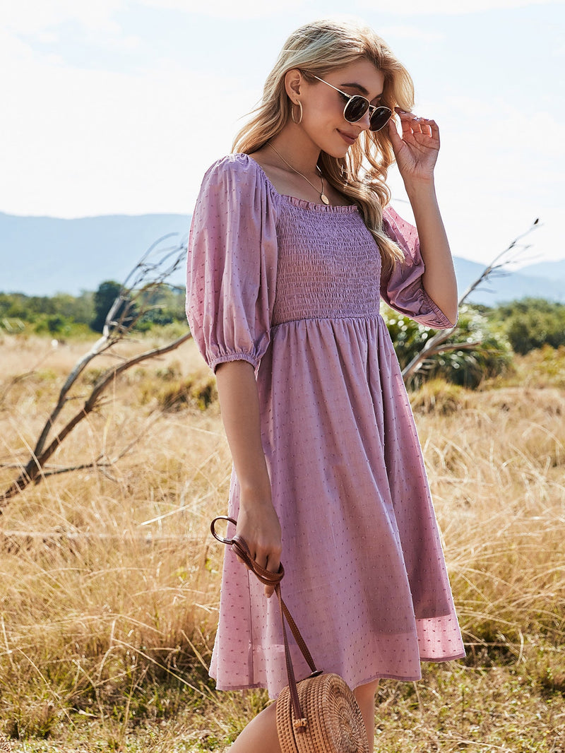 Milkmaid Purple High Waist Short Sleeve Solid Color Sling Summer Dresses
