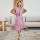 Mauve Dress Summer Dress Sexy Short Sleeve Solid Color Buttons V-neck Vest Skirt plus Size Women's Clothing