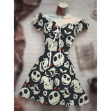 Skull Dress Digital Printing Drawstring Short Sleeve Dress Autumn