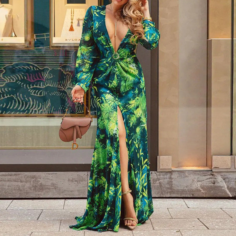 Nina Parker plus Size Dresses Long Sleeve Deep V-neck Sexy Slit Dress