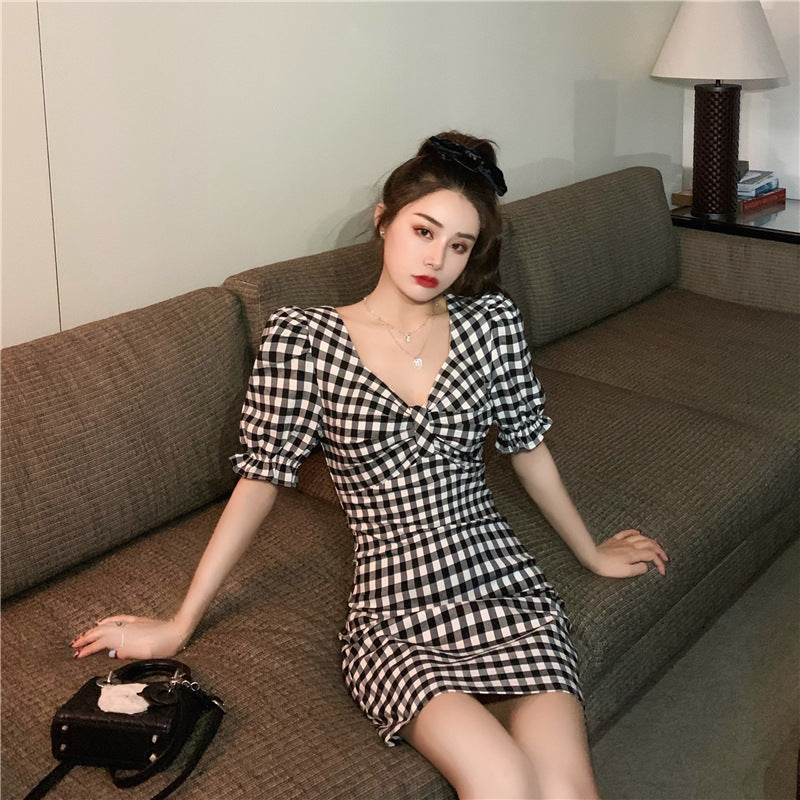 Gingham Dress Plaid Dress Summer Puff Sleeve Tea Break Short Skirt