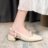 Women Open Toe Sandals Flats Summer Chunky Heel Pearl Fashion Sandals with Buckle