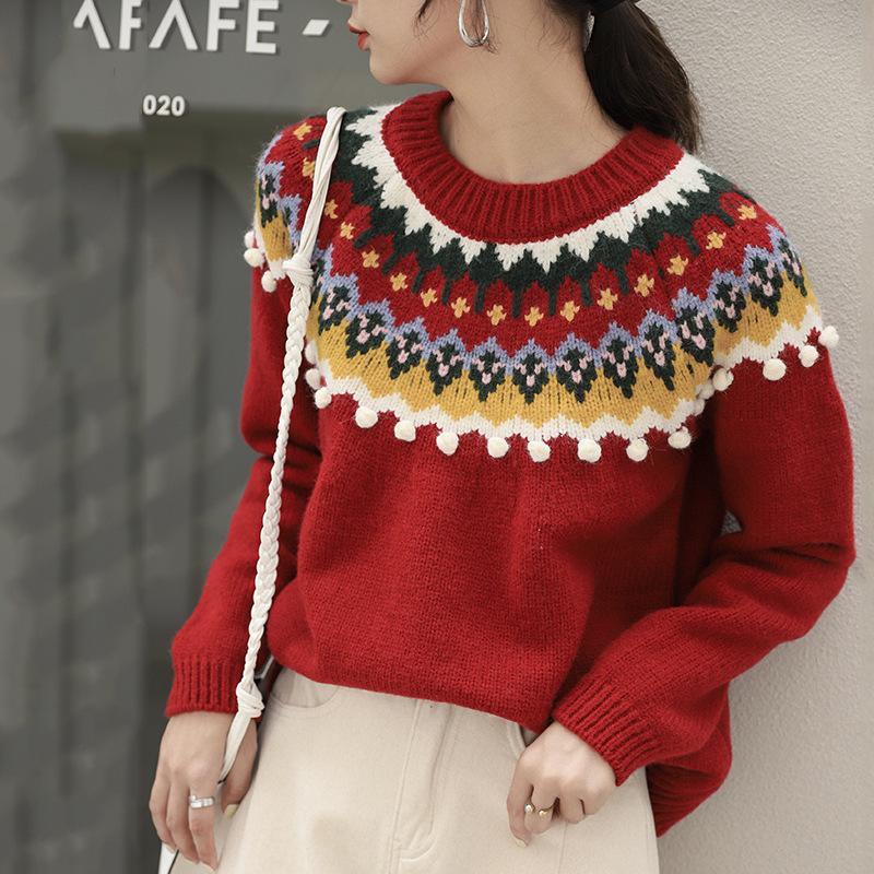 Fair Isle Sweater Cottagecore Outfits for Women Autumn Winter Retro Diamond Loose Pullover