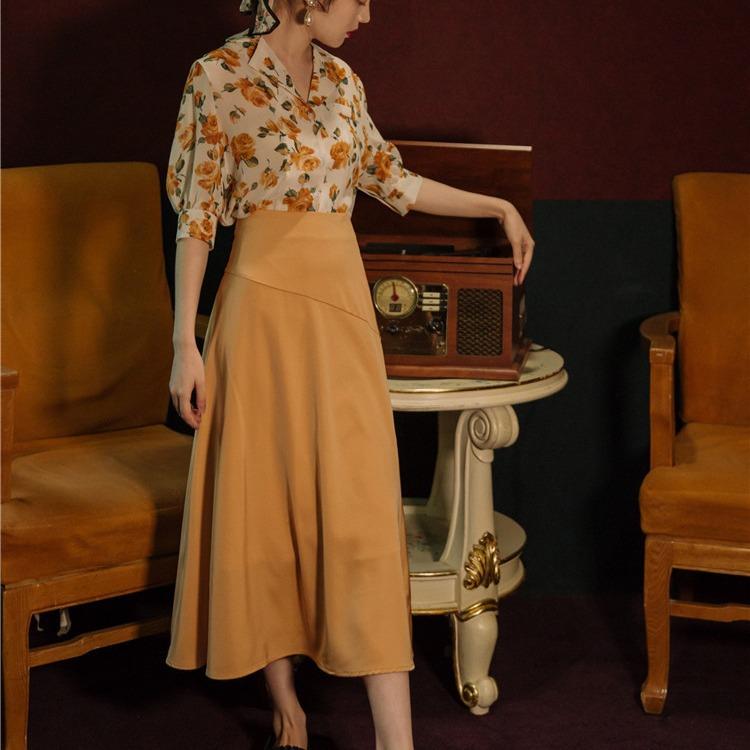 Women Retro Cottagecore Vintage Dress Fashion Retro Short Sleeve Lapel Printed Shirt Skirt Two-Piece Set