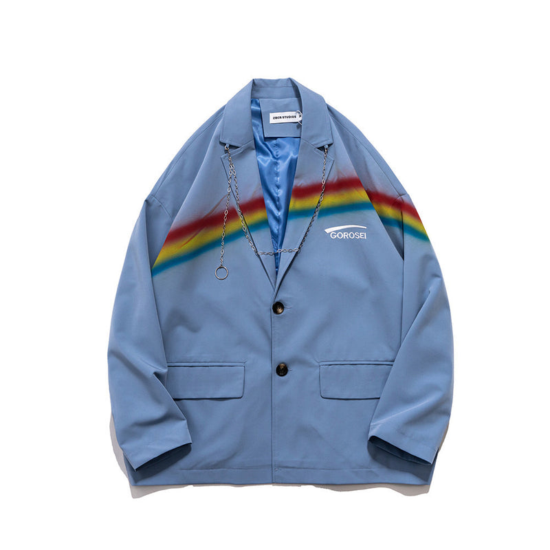 Men's Casual Suit Man Blzer Rainbow Inkjet Suit Jacket Men's Chain Loose Small Suit