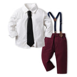 Children Boy Formal Shirt & Suspender Pants 2 Piece Set Children Fall Lapels Long Sleeve Pure