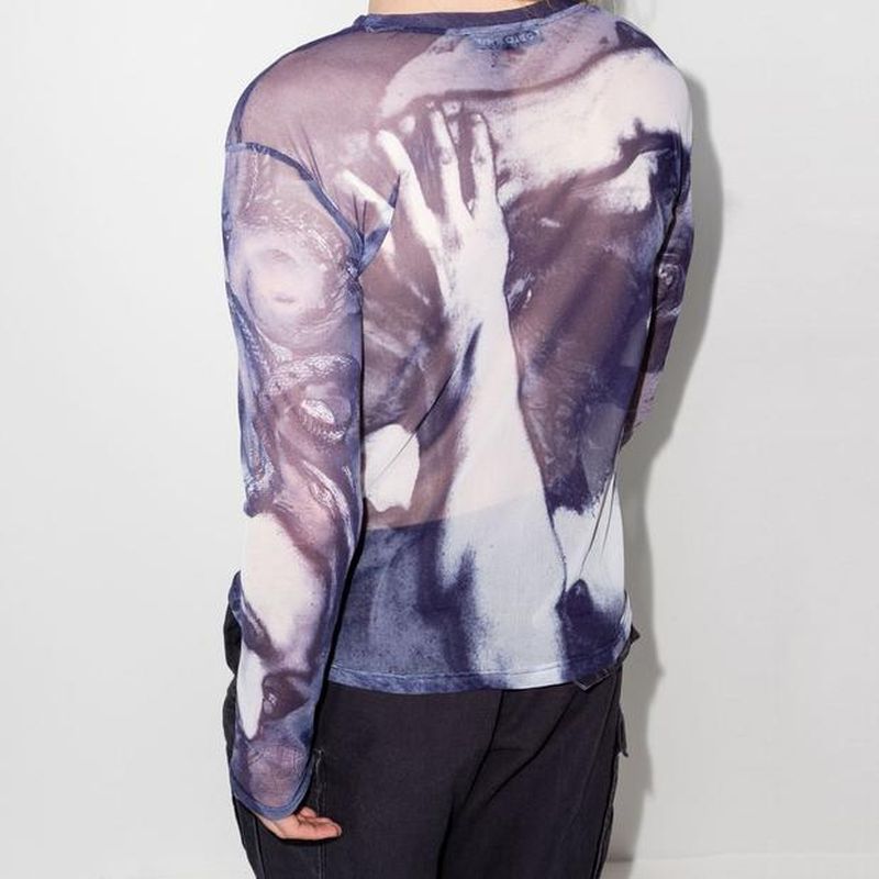 Rave Outfits Men Long Sleeve Shirt Bottoming Shirt See-through Printed round Neck Long Sleeve T-shirt