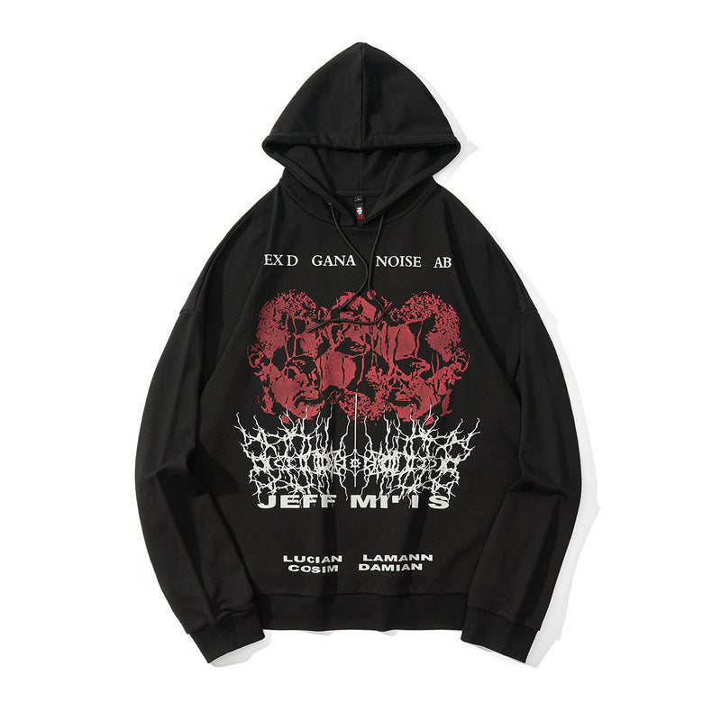 Mens Fall Outfits Dark Printed Long-Sleeved Hooded Sweater Men's and Women's Loose Couple Outfit Coat