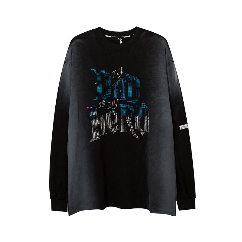 Mens Fall Outfits High Street Diamond-Embedded T Shirt Men and Women Hiphop Couple's Tops Distressed Long Grapefruit