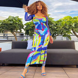 Nina Parker Graffiti Dress Mesh Slim Fit Patchwork Long Sleeve Dress