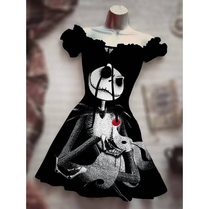 Skull Dress Digital Printing Drawstring Short Sleeve Dress Autumn