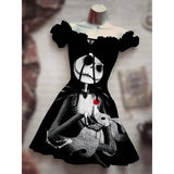 Skull Dress Digital Printing Drawstring Short Sleeve Dress Autumn