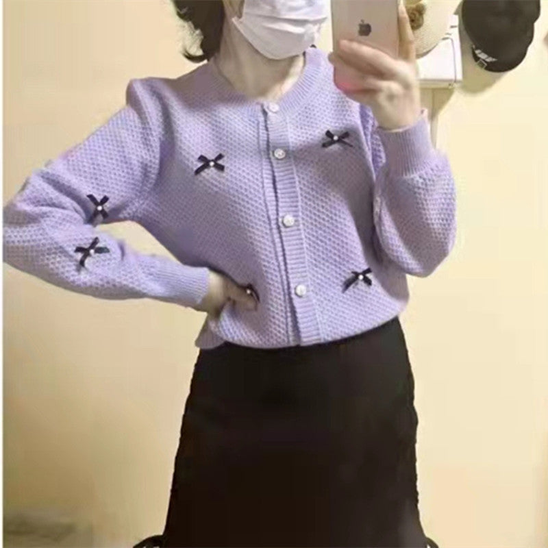 Preppy Aesthetic Sweater round Neck Spring and Autumn Bow Decoration