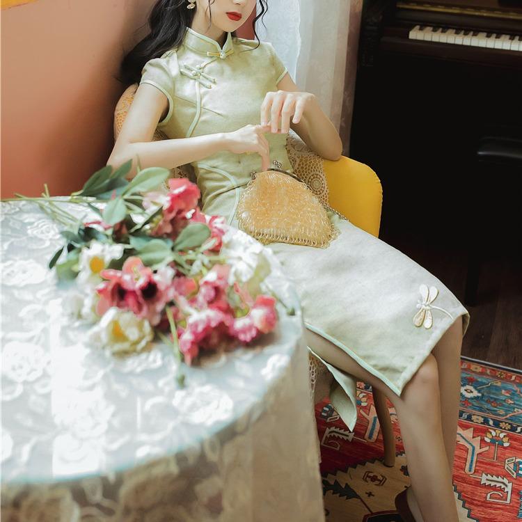 Women Cottagecore Dress Republic of China Style Girl Cheongsam Young Slim Fit Slimming Retro Waist Dress Mid-Length