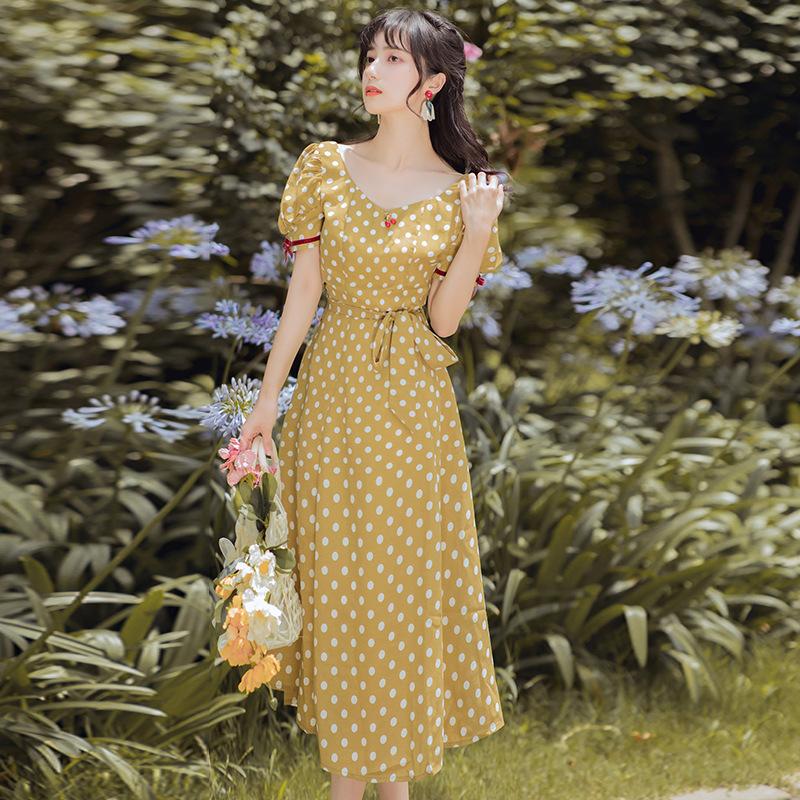 Women Retro Cottagecore Vintage Dress Retro Light Yellow Polka Dot Corsetv Collar Short Sleeve Mid-Length Dress Summer