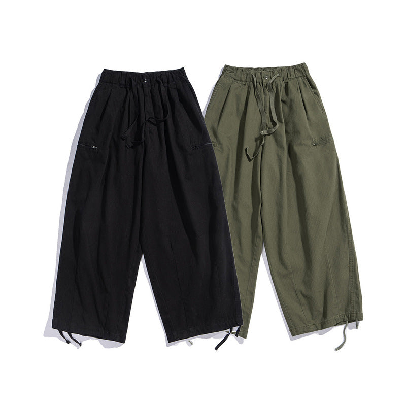 Mens Fall Outfits Japanese-Style Retro Solid Color Straight Drawstring Jogger Pants Loose-Fitting Wide-Leg Trousers