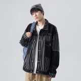 Denim Varsity Jacket Black Striped Denim Jacket Men's Retro Easy Matching Workwear Jacket Top