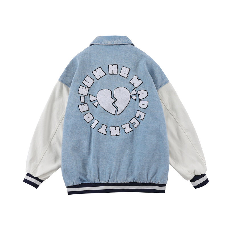 Baby Blue Varsity Jacket Vintage Baseball Uniform Loose Stitching Denim Jacket Spring and Autumn