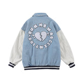 Baby Blue Varsity Jacket Vintage Baseball Uniform Loose Stitching Denim Jacket Spring and Autumn