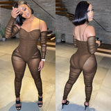 See through Pants Suit Solid Color Fashion Women's Sexy Suspender Ruffled See-through Trousers Jumpsuit