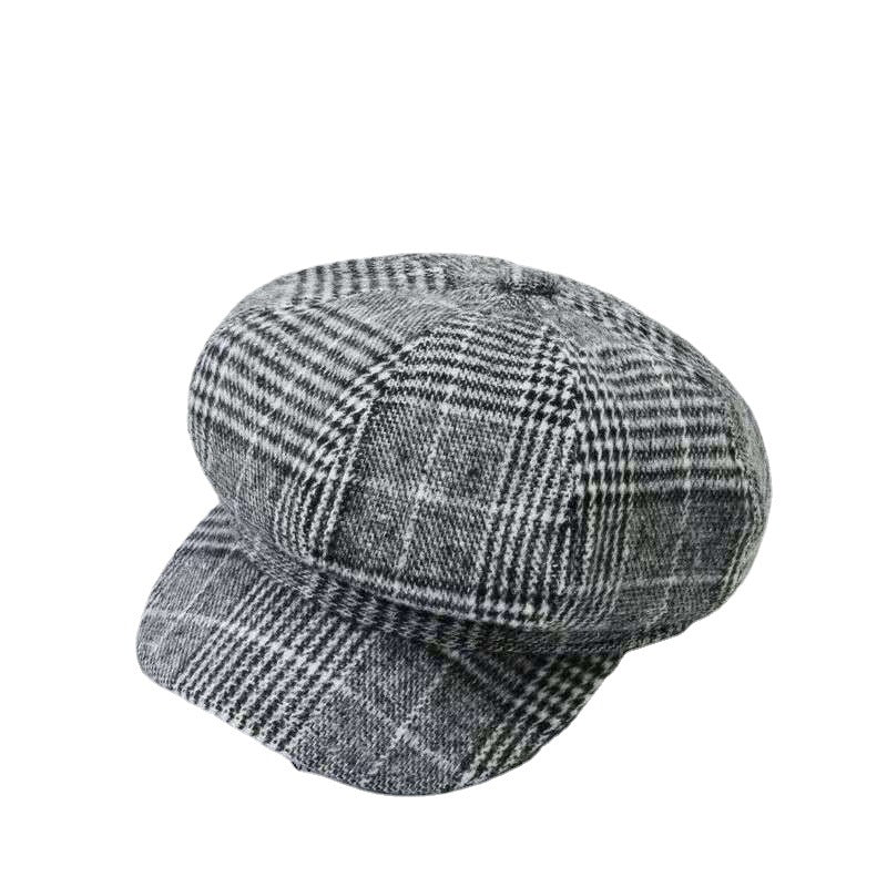 Check Beret Hat Autumn and Winter Solid Color Striped Peaked Cap