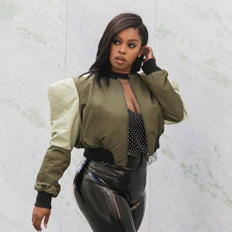Green Cropped Varsity Jacket Colorblock Baseball Uniform Zip Jacket