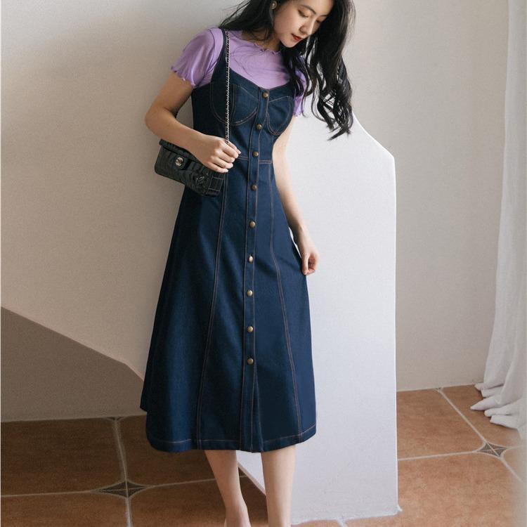 Women's Cottagecore Dress Summer French Retro Denim Strap Dress Waist Slimming Temperament Mid-Length