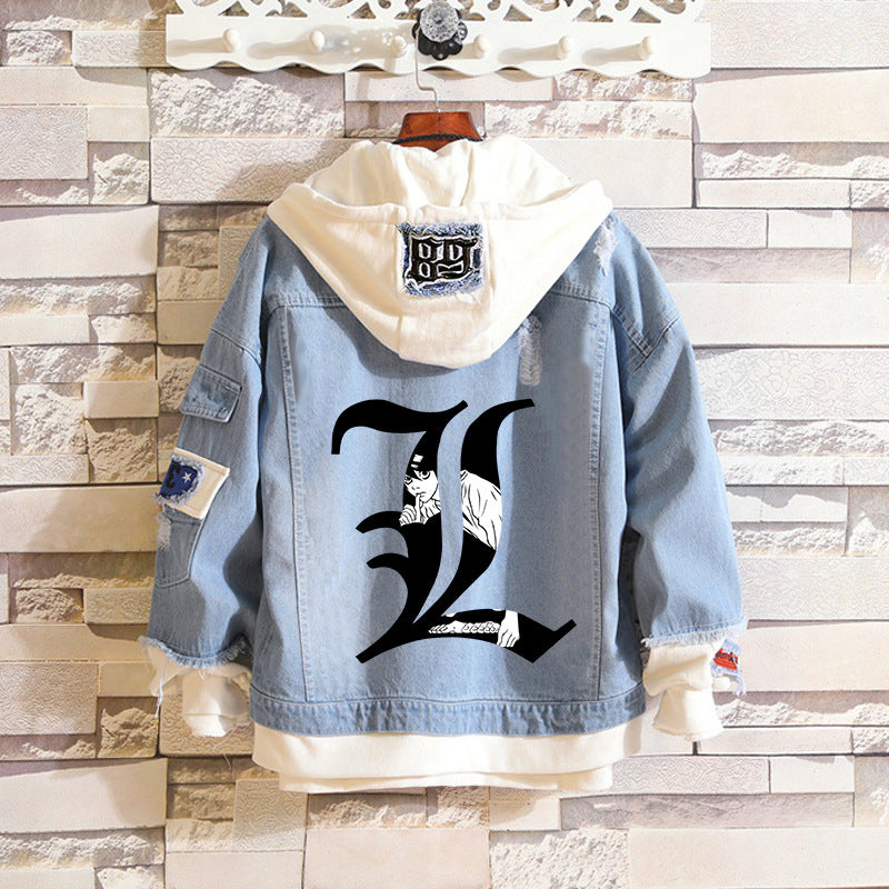 Comic Denim Jacket Men and Women Street Hip Hop plus Size Hooded Hooded Jacket