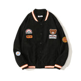 Baby Blue Varsity Jacket Retro Bear Embroidery Baseball Uniform Loose Casual Jacket