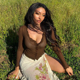 Women Rave Outfits Tops Spring Women's Clothing Sexy Transparent Lace Edge See-through round Neck
