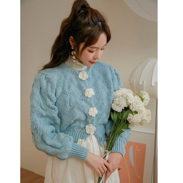 Vintage Rose Flower Sweater Puff Sleeve Cottagecore Top