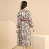 Emery Rose Dresses Autumn Crew Neck Floral Tight Waist Lace-up Dress