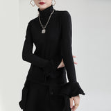 The Rock Turtleneck Autumn Three-Dimensional Layer Bell Sleeve Double-Sided Brushed Cotton Elastic Thin Turtleneck T-shirt