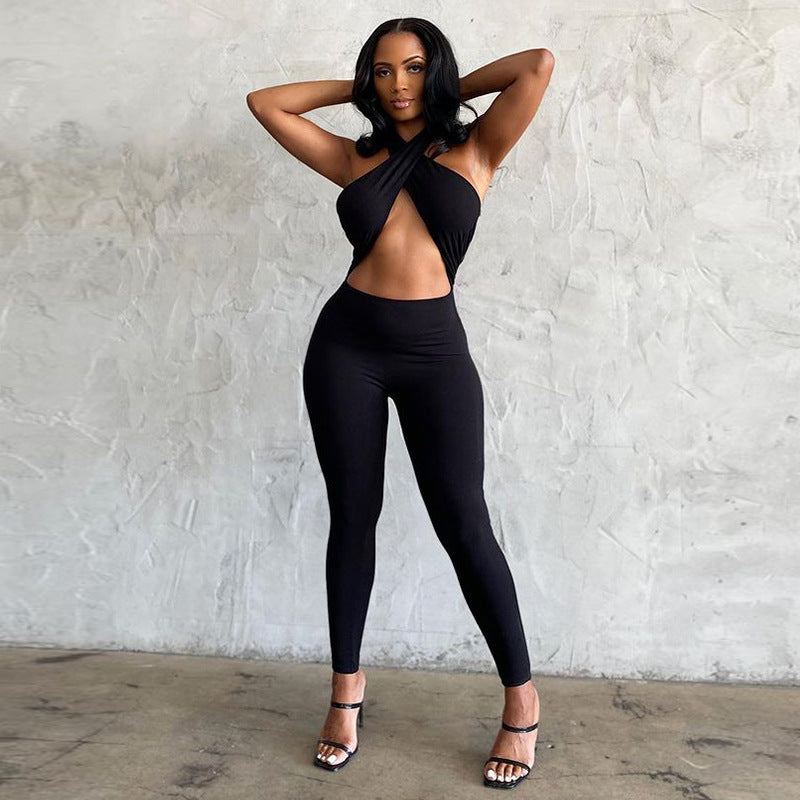 Summer Sexy Backless Halter Solid Color High Waist Tight Casual Sports Jumpsuit