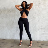 Summer Sexy Backless Halter Solid Color High Waist Tight Casual Sports Jumpsuit