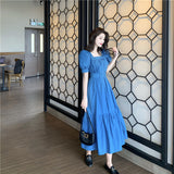 Burnt Orange Dress Summer Puff Sleeve Waist-Slimming Long Dress Women