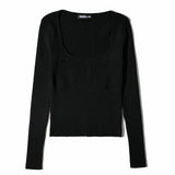 Women Fall Fall Fall Six-Color Square Collar Patchwork Knitting Top Slim Fit Short Sweater