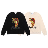 Rhude Hoodie Tiger Design HD Printed Hip Hop Men's and Women's Casual Terry round Neck Sweater