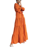 Burnt Orange Dress Summer Solid Color National Style Retro Dress V-neck Lace-up Long Sleeve Fashion Long Skirt