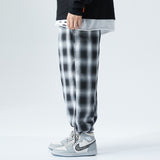 Men Pants plus Size Black Gray Plaid Sports Casual Straight Trousers