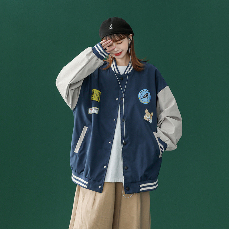 Blue Varsity Jacket Baseball Uniform Women's Spring and Autumn Retro Easy Matching Jacket Coat Top
