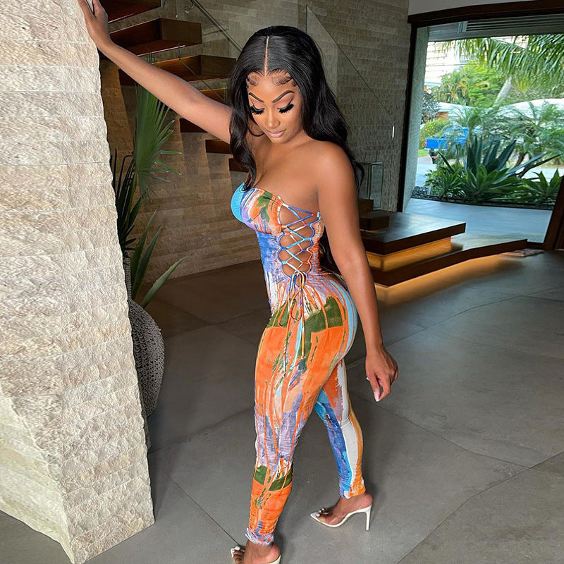 Summer Wrapped Chest Tie-Dyed Printed Hollow Lace-up Hip-Lifting Jumpsuit