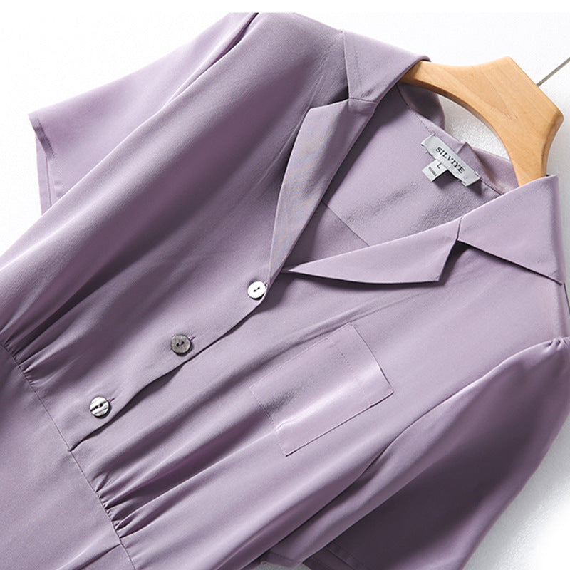 Mauve Dress French Style Vintage Suit Collar Silk Dress Women 'S Mulberry Silk Light Purple Short Sleeve A- line Dress Summer