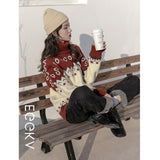 Fair Isle Sweater Cottagecore Outfits for Women Fair Island Turtleneck Sweater Winter Loose Red