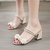 Nude Block Heel Peep Toe Chunky Heel Sandals Bow Sandals