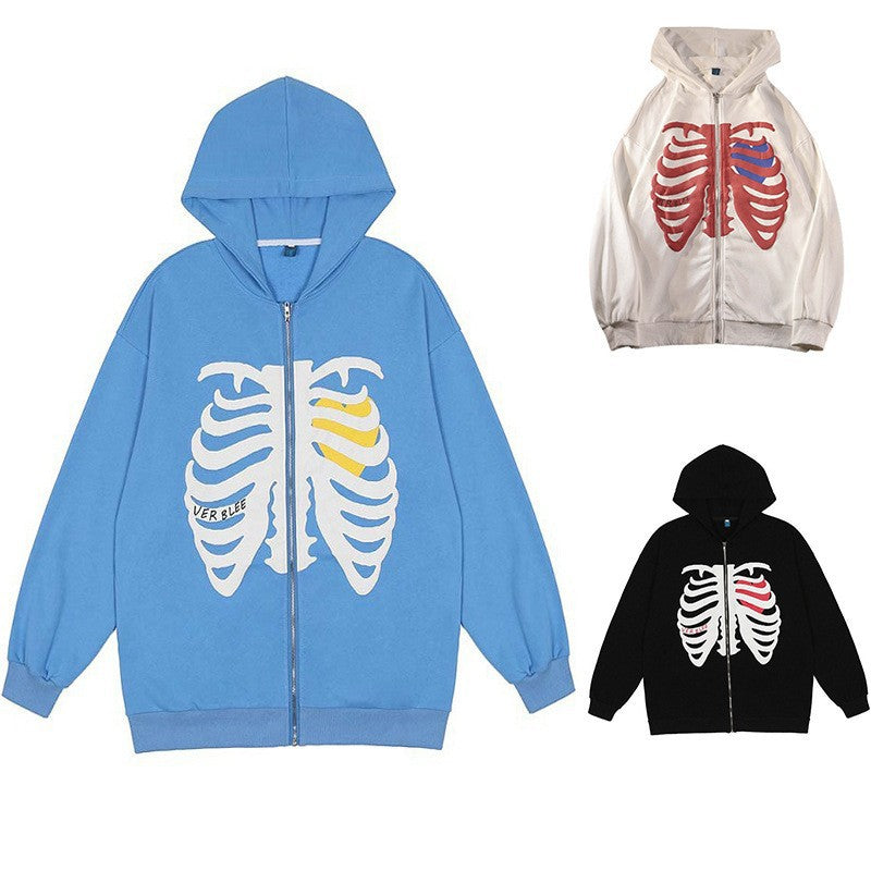 Skeleton Varsity Jacket Skull Printed Full-Zip Cardigan Coat Hooded