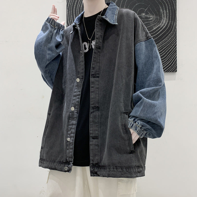 Men Denim Jacket Patchwork Denim Jacket Men's Spring and Autumn Retro Casual Loose
