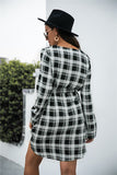 Gingham Dress Autumn and Winter Plaid Shirt Lace-up V-neck Long-Sleeve Dress